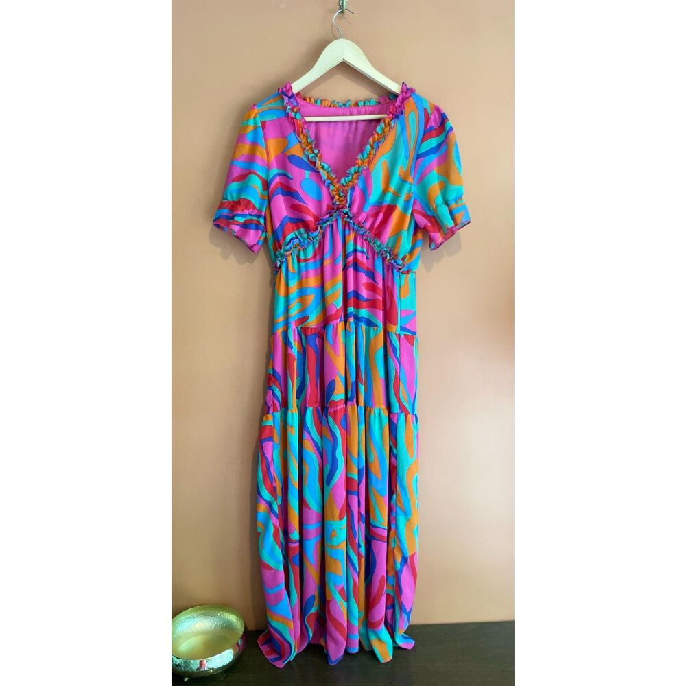 Colorful Psychedelic Abstract Tiered Maxi Dress Ruffle V Neck Festival Boho
